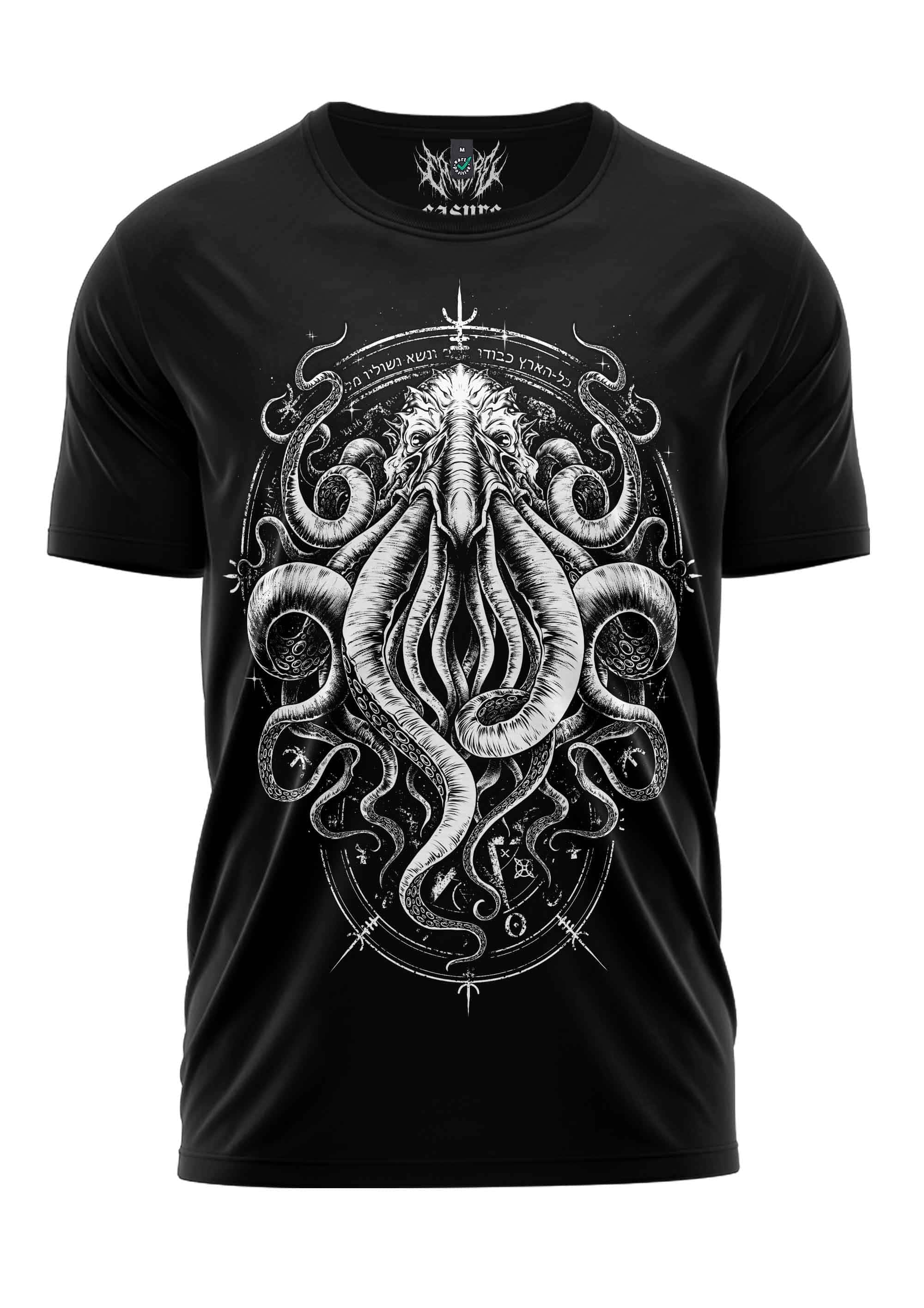 Schwarzes kurzes bitte t-shirt mit detaillierter weißer grafik eines gotischen cthulhu-horror mehräugigen oktopusmotivs